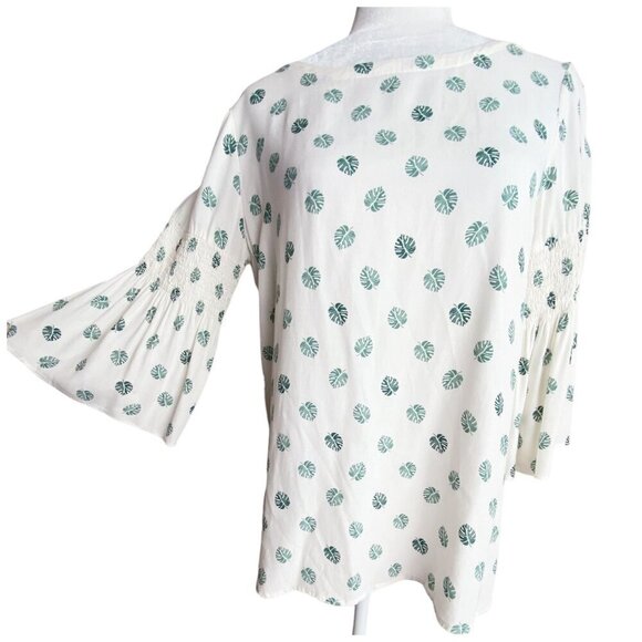LOFT Lightweight Monstera Leaf Print Boho Flared Sleeve Blouse Women's Sz XS - Picture 4 of 10